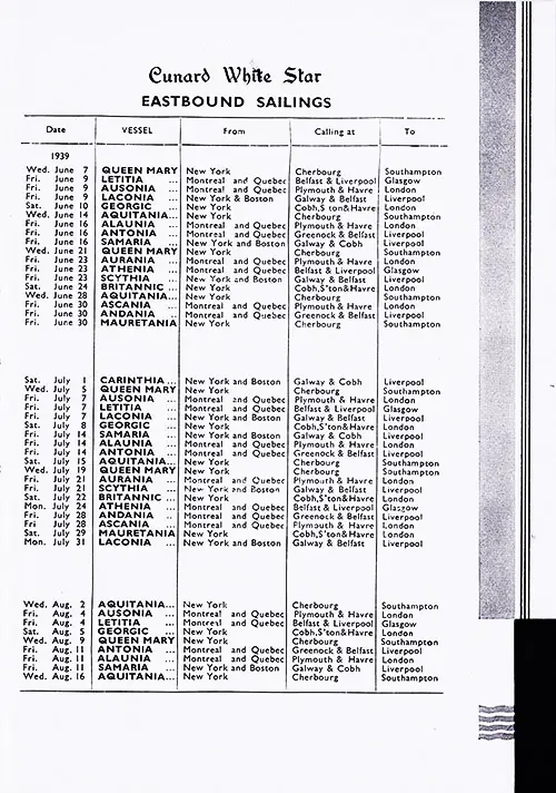 Eastbound Sailing Schedule from 7 June 1939 to 16 August 1939.