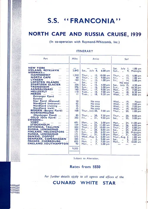 SS Franconia North Cape and Russia Cruise, 1939.
