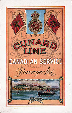 Front Cover of a Cabin Class Passenger List from the RMS Ascania of the Cunard Line, Departing 11 July 1925 from Montreal to London via Plymouth and Cherbourg