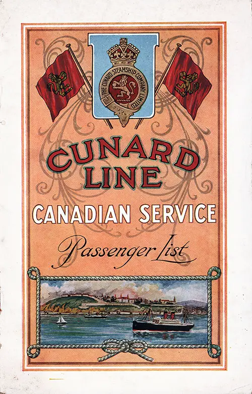 Front Cover of a Cabin Class Passenger List from the RMS Ascania of the Cunard Line, Departing 11 July 1925 from Montreal to London via Plymouth and Cherbourg