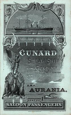 Front Cover - 26 February 1887 Passenger List, SS Aurania, Cunard Line