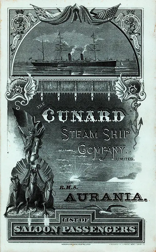 Front Cover, Saloon Passenger List for the RMS Aurania of the Cunard Line, Departing Saturday, 26 February 1887 from Liverpool for New York.