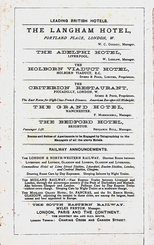 Leading British Hotels & Railway Announcements, 1887.
