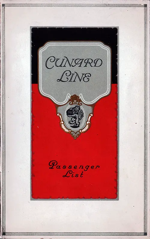 Front Cover, Cunard Line RMS Ausonia Tourist Class Passenger List - 15 August 1925.