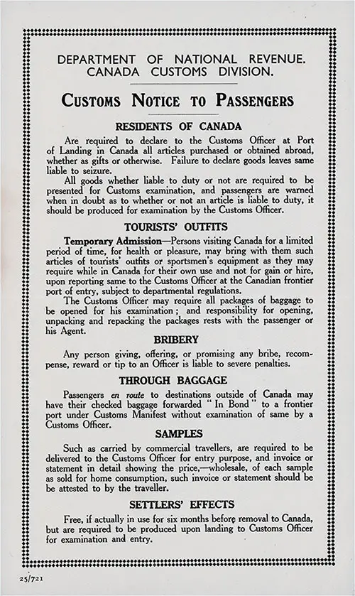 Canadian Customs: Notice to Passengers on Inbound Steamship, June 1932.