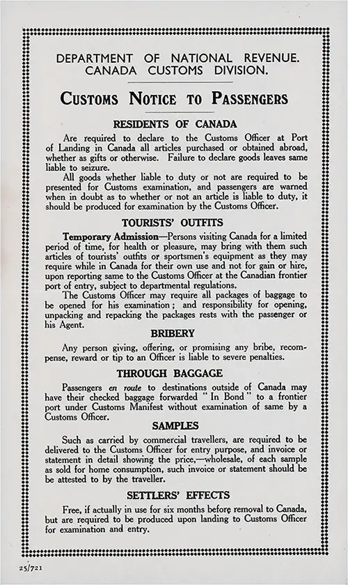 Form 25/721 Customs Notice to Passengers from the Department of National Revenue, Canada Customs Division