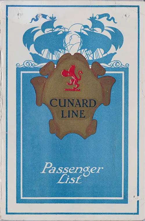 Front Cover, Cunard RMS Berengaria Saloon and Second Class Passenger List - 5 May 1923.