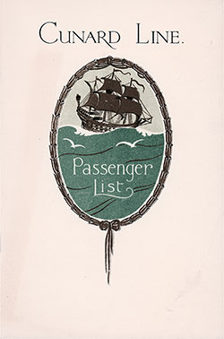 Front Cover, Cunard Line RMS Berengaria Tourist Third Cabin Passenger List - 7 September 1929.