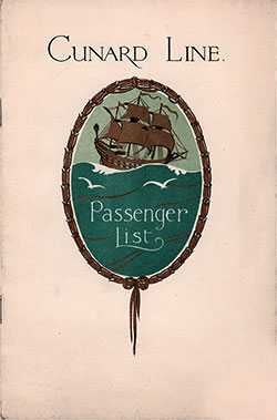 Front Cover, Cunard Line RMS Berengaria Tourist Third Cabin Passenger List - 16 August 1930.