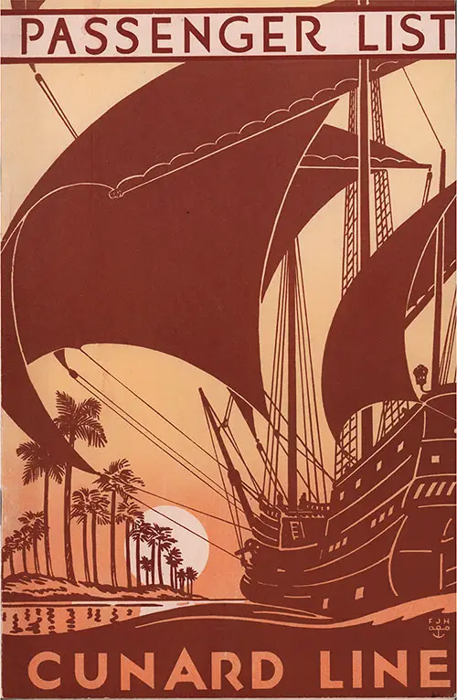 Front Cover, Cunard Line RMS Berengaria Cruise Passenger List - 2 September 1932.