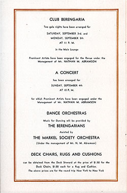 Cruise Events, Cunard Line RMS Berengaria Cruise Passenger List - 2 September 1932. 