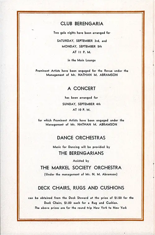 Cruise Events, Cunard Line RMS Berengaria Cruise Passenger List - 2 September 1932. 
