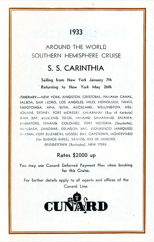 1933 Around the World Southern Hemisphere Cruise SS Carinthia.