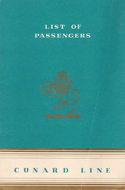 Cover of a Tourist Class Passenger List from the MV Britannic of the Cunard Line, Departing 10 April 1953 from Liverpool to New York via Cobh.