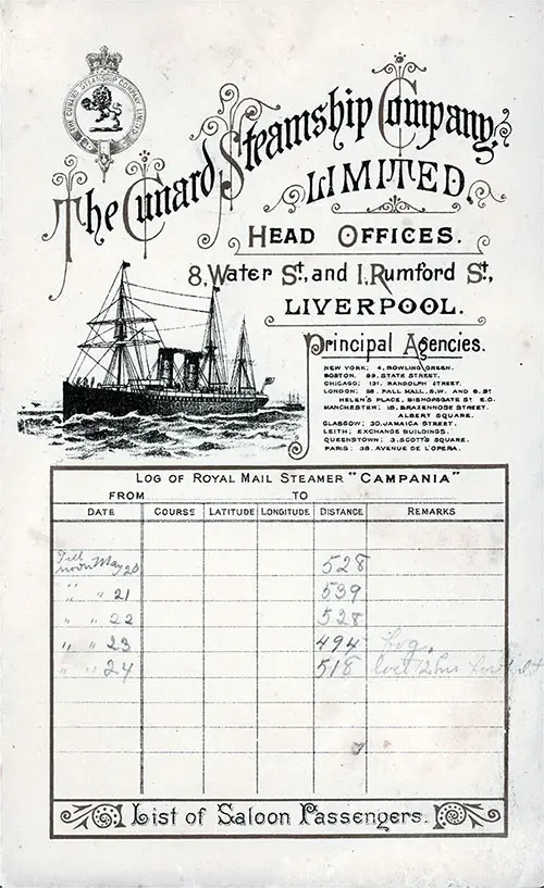 Front Cover of a Saloon Passenger List for the RMS Campania of the Cunard Line, Departing 18 May 1895 from Liverpool to New York.