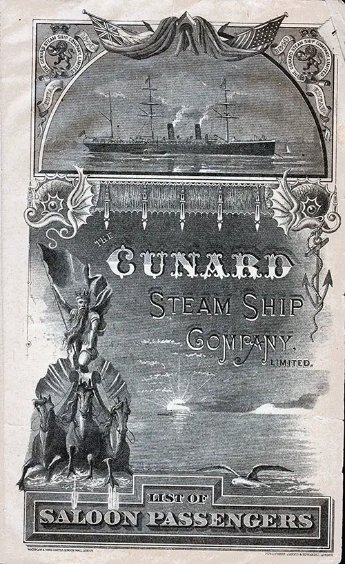 Front Cover, Saloon Passenger List for the SS Campania of the Cunard Line, Departing Saturday, 29 June 1895 from New York to Liverpool.
