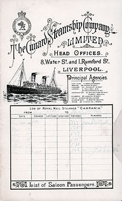 Front Cover of a Saloon Passenger List for the RMS Campania of the Cunard Line, Departing Saturday, 12 October 1895 from Liverpool to New York.