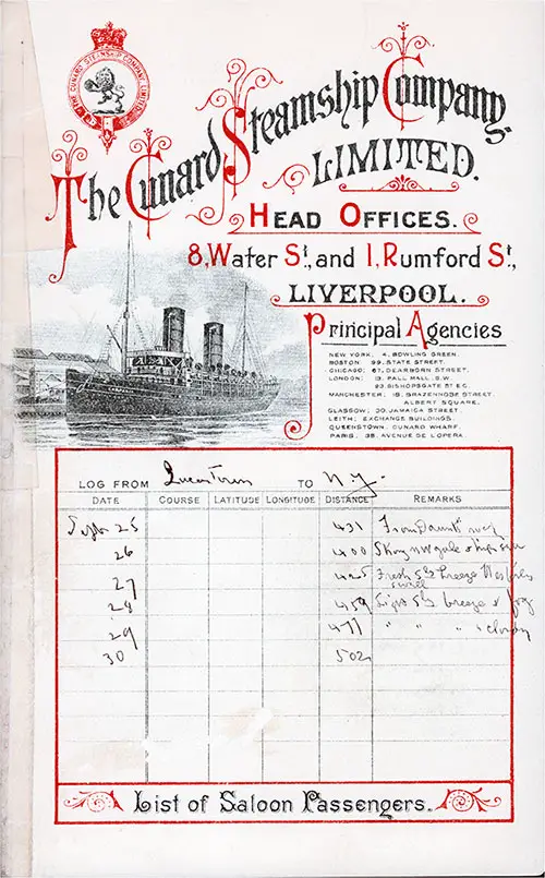 Front Cover of a Saloon Passenger List for the RMS Campania of the Cunard Line, Departing Saturday, 23 September 1899 from Liverpool to New York