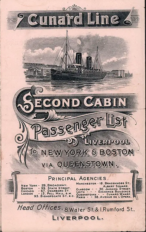 Front Cover of a Second Cabin Passenger List for the RMS Campania of the Cunard Line, Departing Saturday, 19 October 1901 from Liverpool to New York.