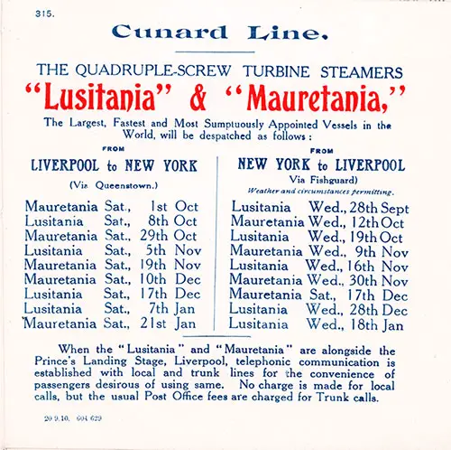Sailing Schedule, Liverpool-New York, 28 September 1910 to 21 January 1911.