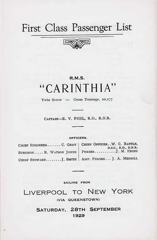Title Page, RMS Carinthia First Class Passenger List, 28 September 1929.