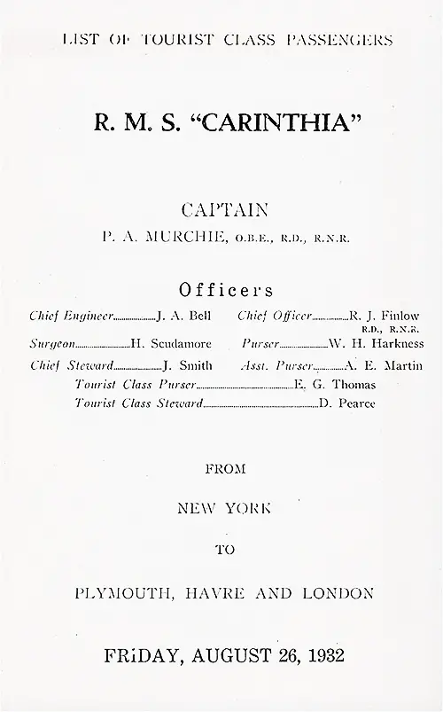 Title Page, RMS Carinthia Tourist Class Passenger List, 26 August 1932.