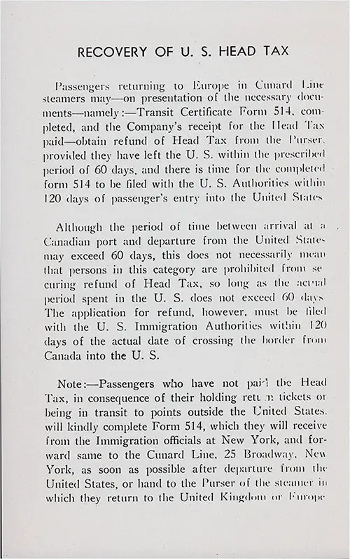 U.S. Head Tax Recovery, RMS Carinthia Passenger List, 26 August 1932.