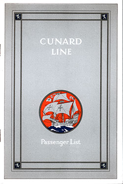 Front Cover, Cunard Line RMS Carmania Cabin Class Passenger List - 25 October 1930.