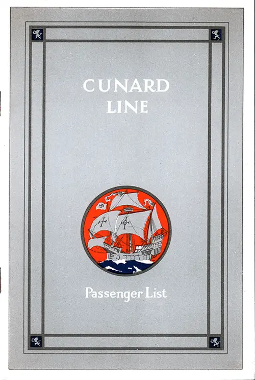 Front Cover, Cunard Line RMS Carmania Cabin Class Passenger List - 25 October 1930.