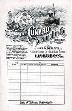 Front Cover of a Saloon Passenger List for the RMS Caronia of the Cunard Line, Departing Tuesday, 8 May 1906 from Liverpool to New York.