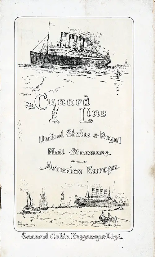 Front Cover, Cunard RMS Caronia Second Cabin Passenger List - 29 July 1911.