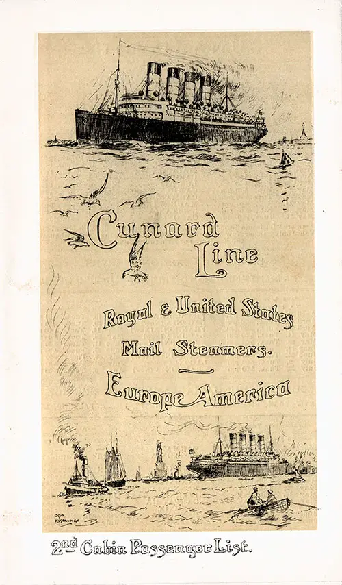 Front Cover, Cunard SS Caronia Second Cabin Passenger List - 30 March 1912.