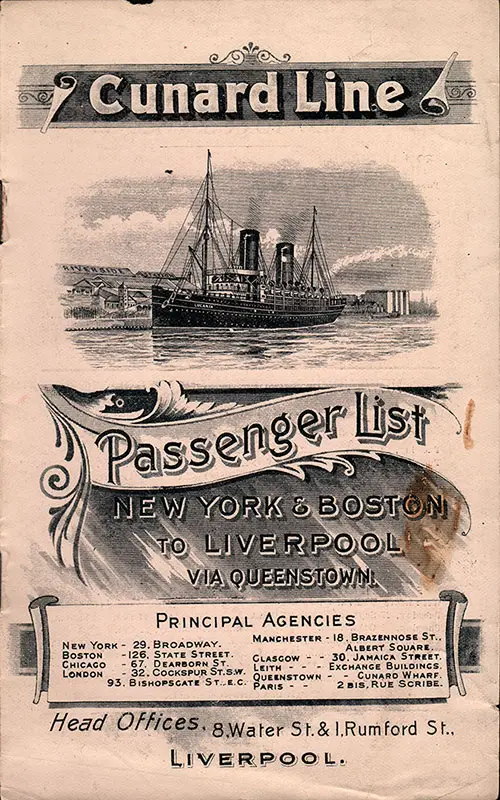 Front Cover, Cunard Line RMS Carpathia Cabin Class Passenger List - 4 October 1904.