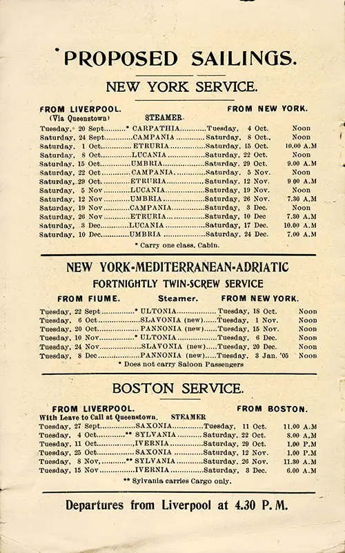 Proposed Sailings, Liverpool-Queenstown (Cobh)-New York, New York-Mediterranean-Adriatic, and Liverpool-Queenstown (Cobh)-Boston, from 20 September 1904 to 3 January 1905.