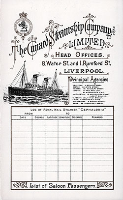Front Cover of a Saloon Passenger List for the RMS Cephalonia of the Cunard Line, Departing Thursday, 22 August 1895 from Liverpool to Boston.
