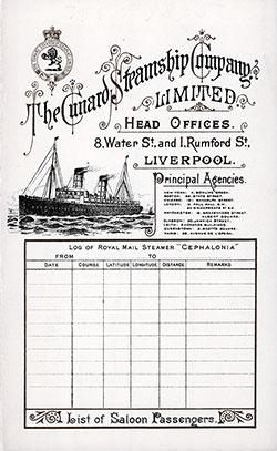 GGA Image ID # 15a3ed9aa2 Front Cover of a Saloon Passenger List for the RMS Cephalonia of the Cunard Line, Departing Thursday, 22 August 1895 from Liverpool to Boston.