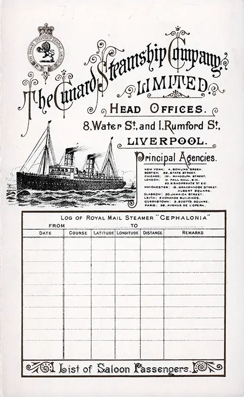 Front Cover of a Saloon Passenger List for the RMS Cephalonia of the Cunard Line, Departing Thursday, 22 August 1895 from Liverpool to Boston.