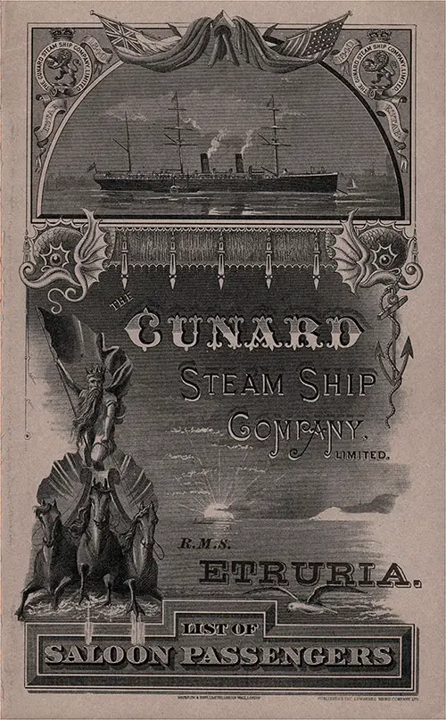 Cover of a Saloon Passenger List for the RMS Etruria of the Cunard Line, Departing Saturday, 23 October 1886 from Liverpool for New York.