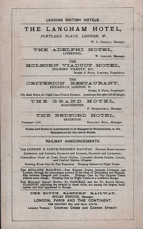 Leading British Hotels and Railway Announcements on the Back Cover, SS Etruria Passenger List, 23 October 1886.