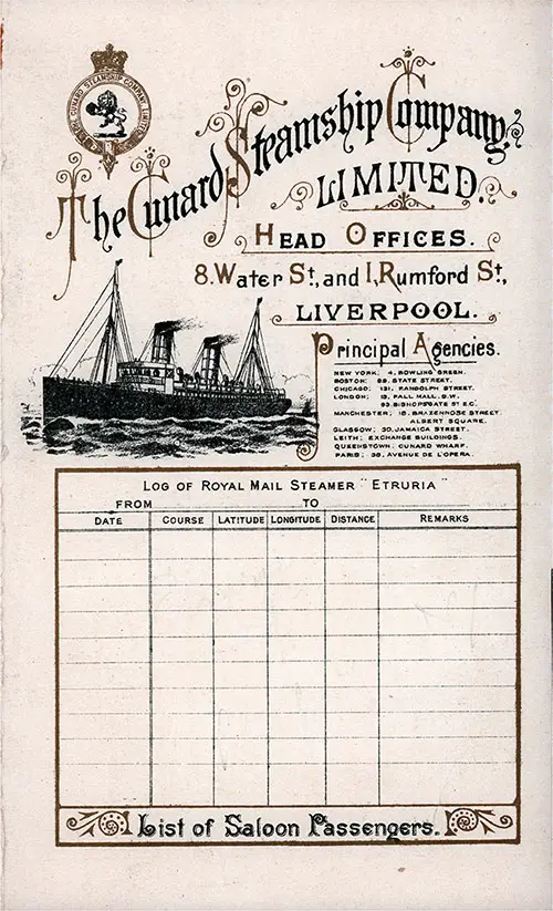 Front Cover to a Saloon Passenger List for the RMS Etruria of the Cunard Line, Departing Saturday, 30 April 1898 from Liverpool to New York.