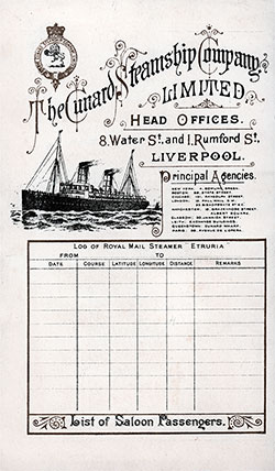 Front Cover of a Saloon Class Passenger List for the RMS Etruria of the Cunard Line, Departing Saturday, 27 August 1898 from Liverpool for New York.