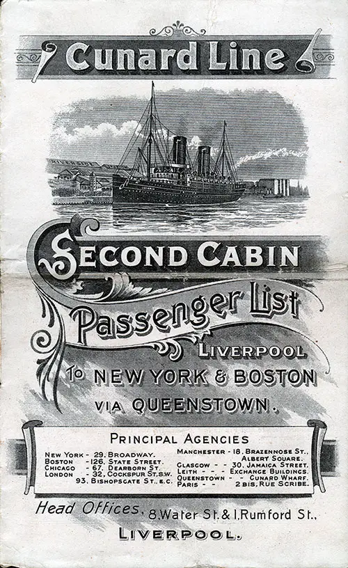 Passenger List, Cunard Line RMS Etruria, 1904, Liverpool to New York
