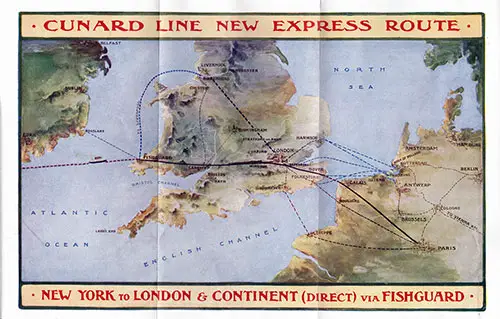 New Cunard Express Route Map New York to London & Continent (Direct) via Fishguard - 22 August 1914.