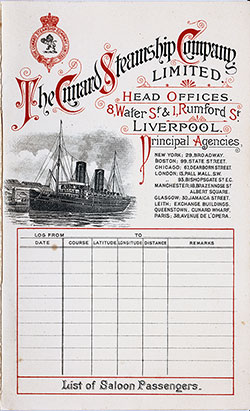 Passenger List, Cunard Line RMS Ivernia, 1901, Liverpool to Boston