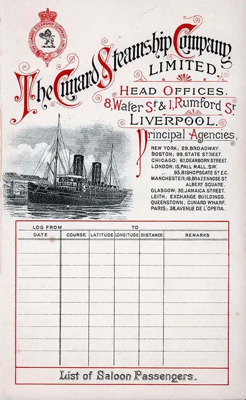 Front Cover of a Saloon Passenger List from the RMS Ivernia of the Cunard Line, Departing Tuesday, 1 October 1901 from Liverpool to Boston.