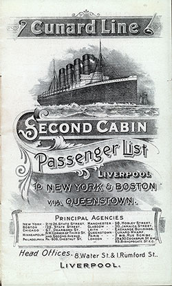 Passenger Manifest, Cunard Line Ivernia 1909 Liverpool To Boston