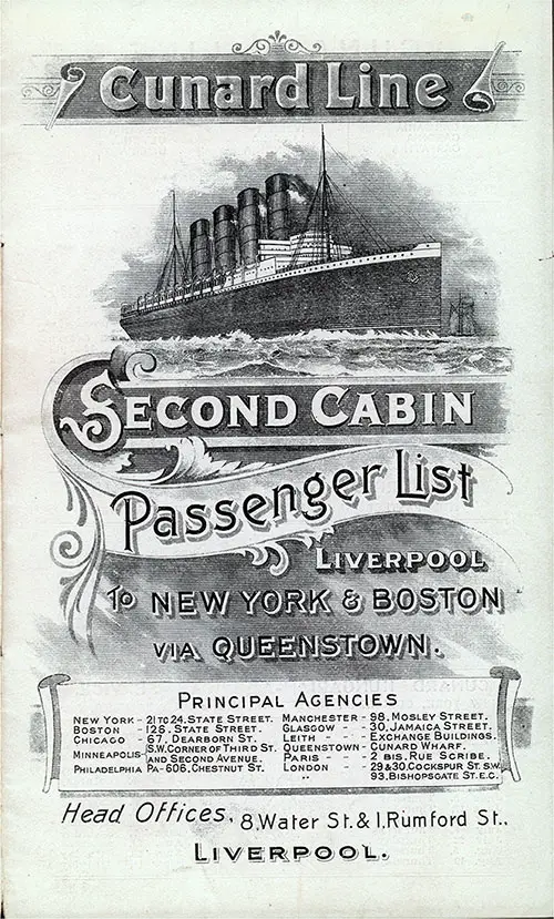 1909-05-18 RMS Ivernia Passenger List Cover.