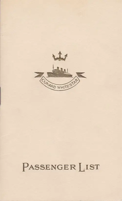 Front Cover of a Third Class Passenger List from the RMS Laconia of the Cunard Line, Departing 11 September 1937 from Liverpool to New York via Dublin, Galway and Boston