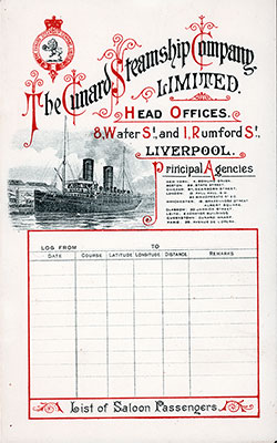 Saloon Class Passenger Lists for the RMS Lucania of the Cunard Line, Departing Saturday, 17 June 1899 from Liverpool to New York.