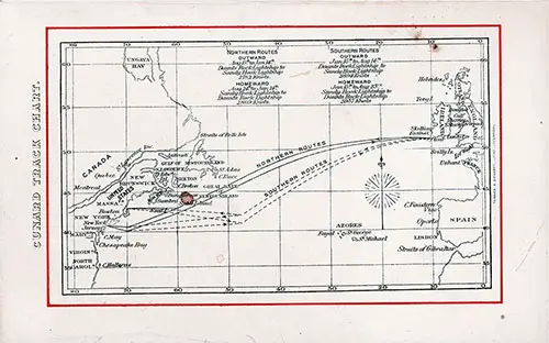 Cunard Transatlantic Track Chart, 1899. Back Cover of RMS Lucania Passenger List from 17 June 1899.